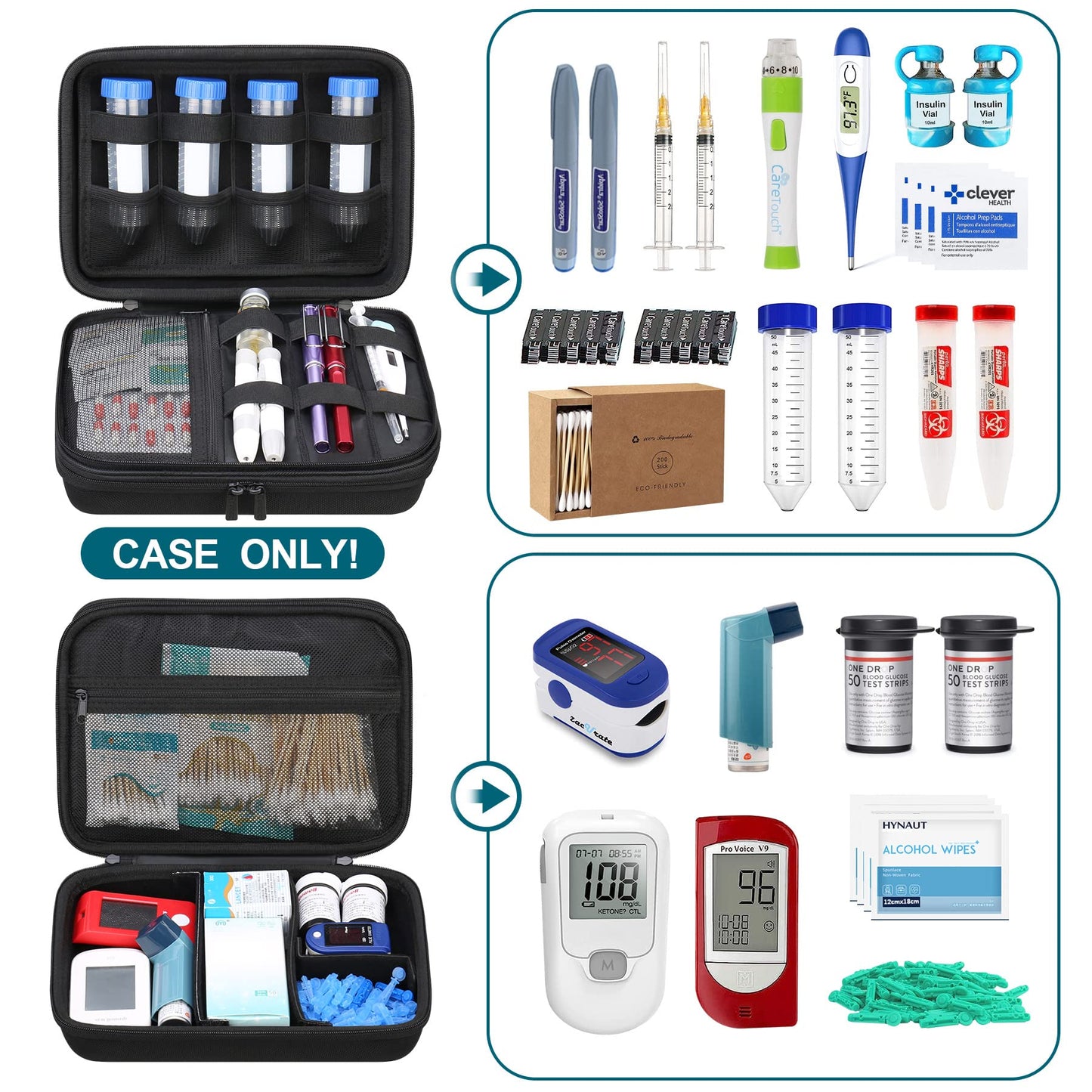 Diabetic Supplies Travel Case, Carrying Organizer for Glucose Meter, Blood Sugar Test Strips